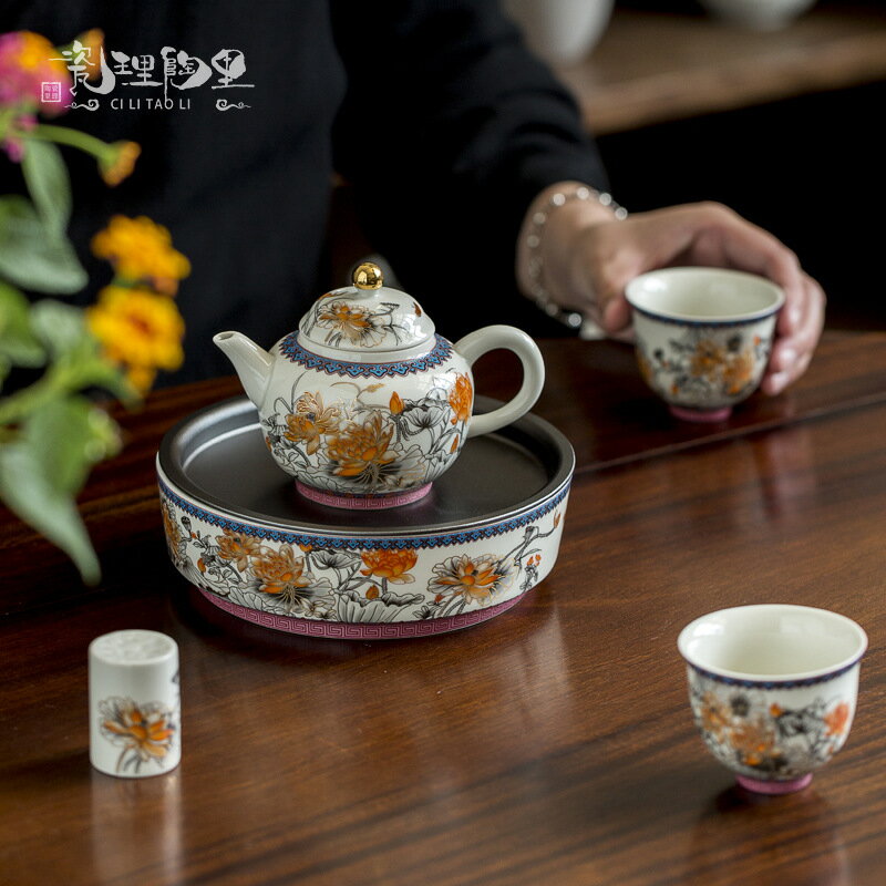 瓷理陶裡中式壺承茶壺底座高級感可蓄水小茶臺水墨金蓮花面幹泡盤