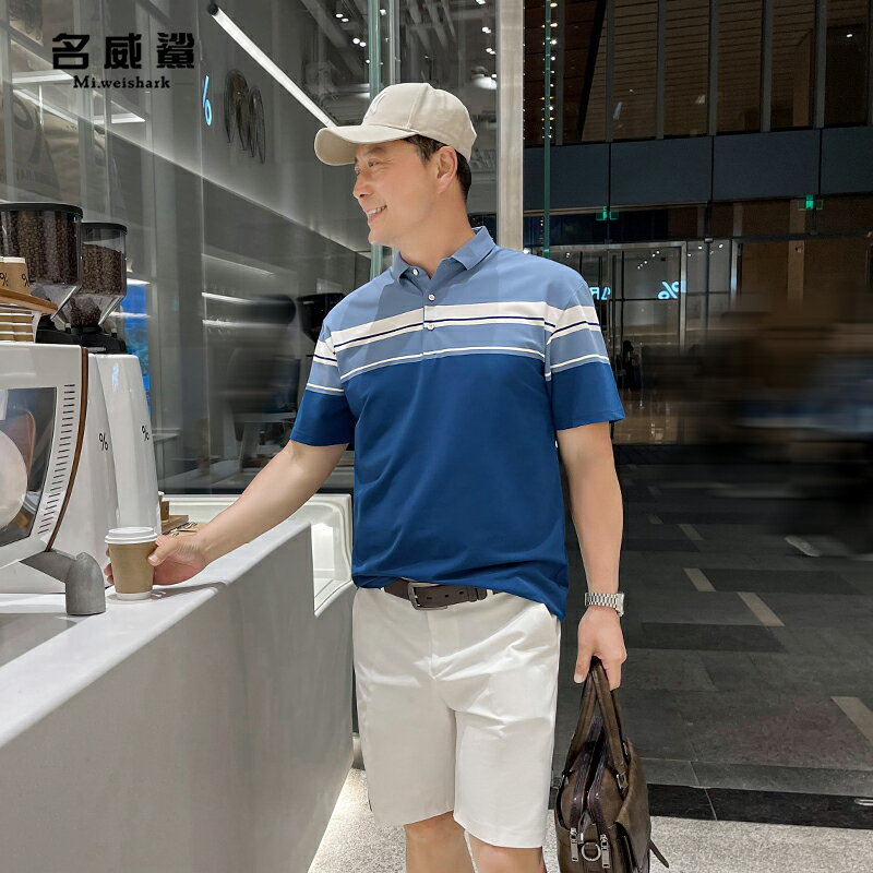 中年男裝t恤爸爸夏裝短袖中老年人男polo衫商務條紋休閑父親衣服