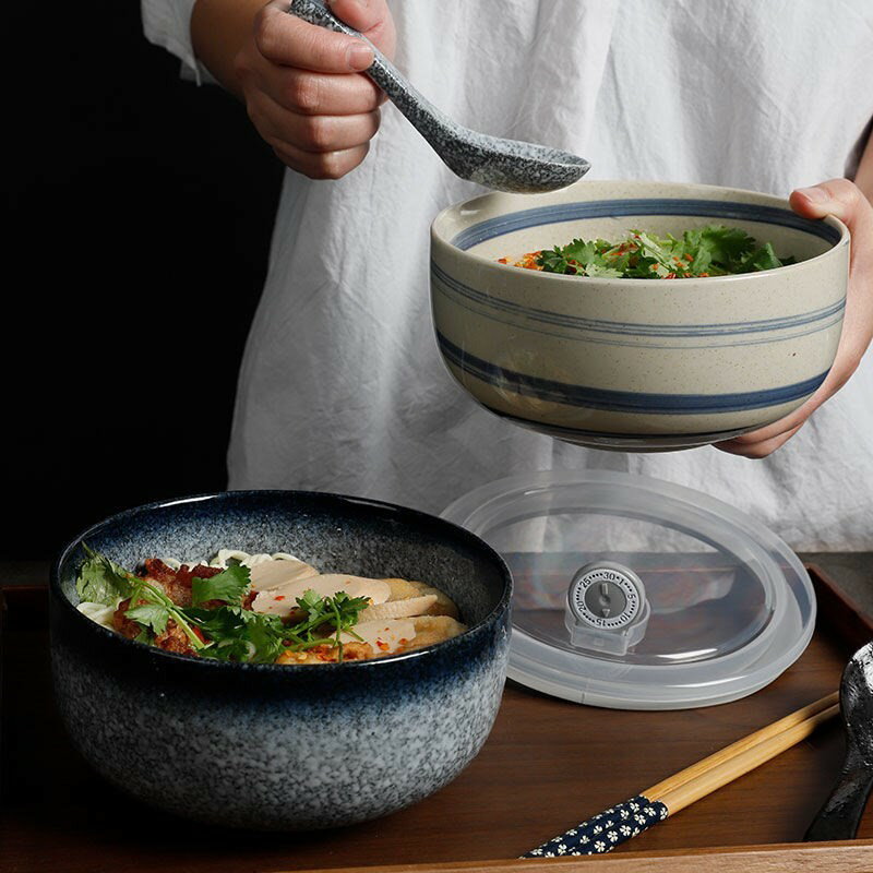日式陶瓷泡面碗帶蓋單個便當碗學生宿舍易清洗大飯碗家用碗筷套裝