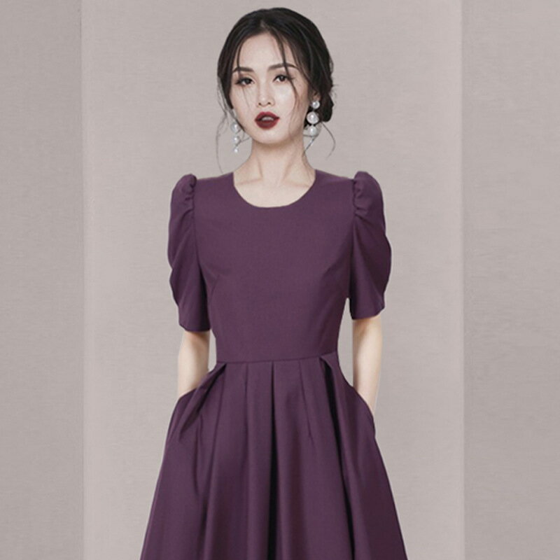 洋裝連身短裙-嫣紫色復古赫本圓領泡泡袖連衣女裙子74ef9【獨家進口】【米蘭精品】