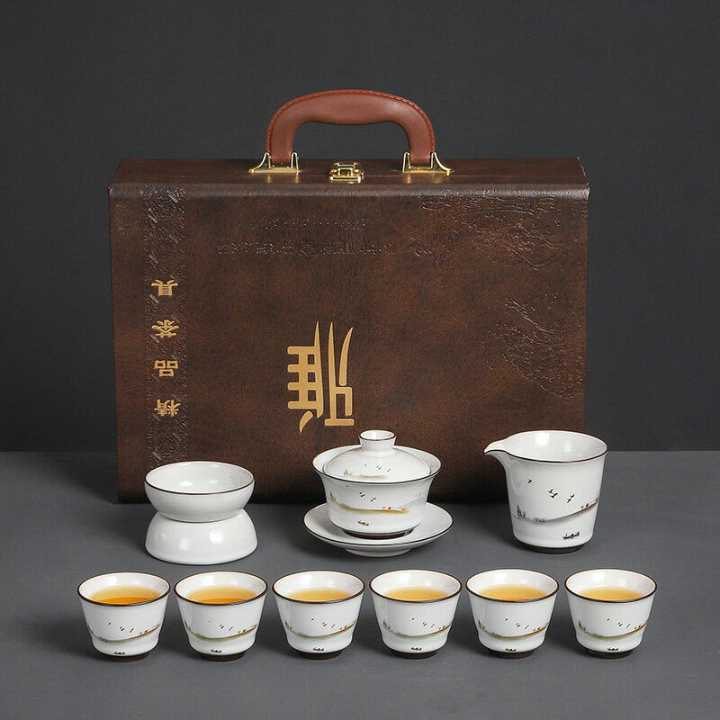 亞光白鐵胎功夫茶具套裝家用收納盒裝陶瓷蓋碗茶壺茶杯茶具禮盒裝