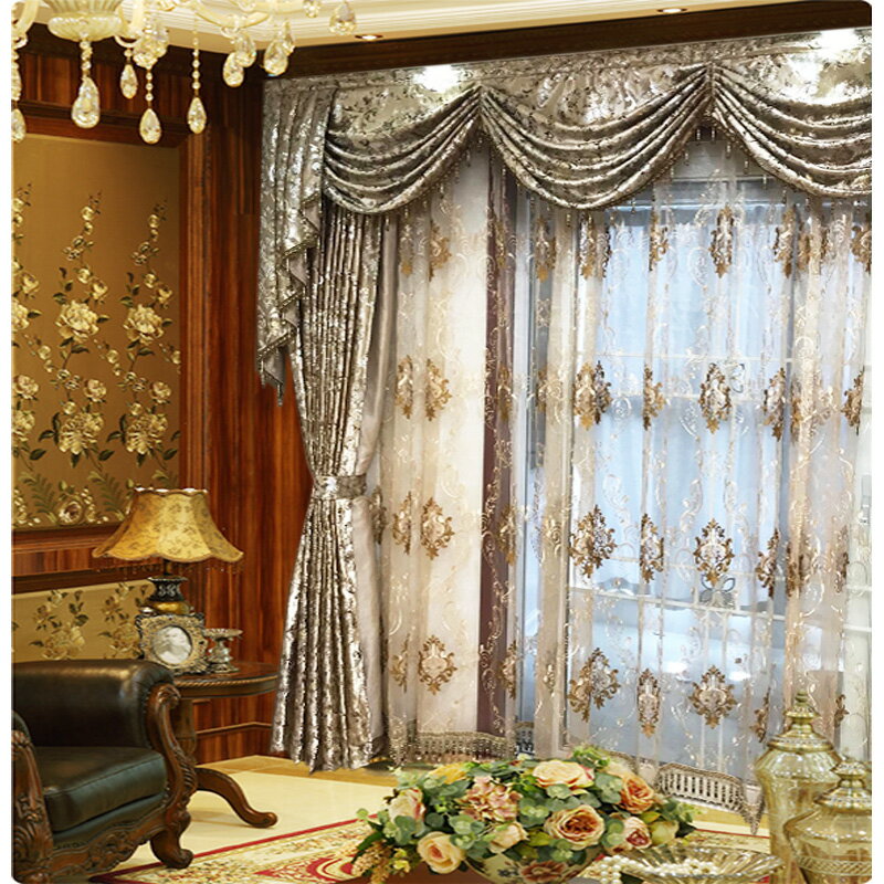 絨布燙金古典歐式大馬士革富貴大氣客廳臥室落地簾幔窗簾繡花窗紗