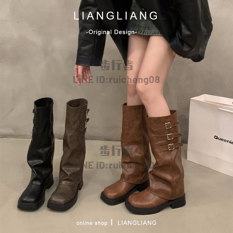 厚底復古褲管長筒騎士靴女鞋秋冬季棕色堆堆靴中筒長靴子【步行者戶外生活館】