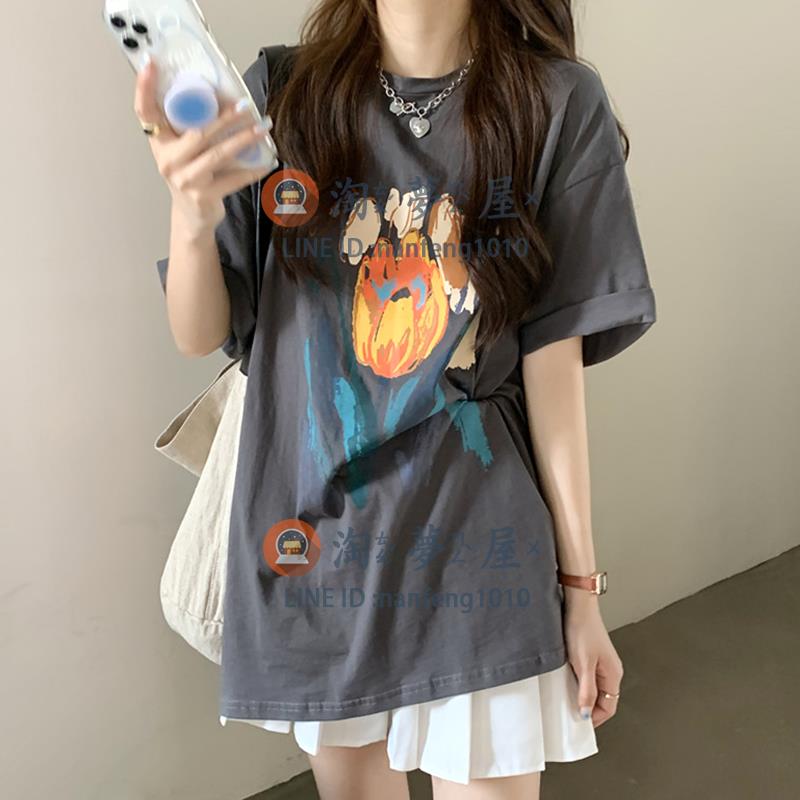 復古中長款短袖T恤女夏季 韓版寬松設計感上衣服學生【淘夢屋】