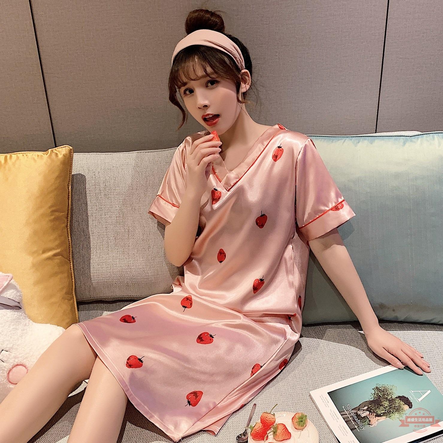 2022年夏季冰絲短袖睡裙女韓版甜美高階感簡約可愛絲綢連衣裙睡衣