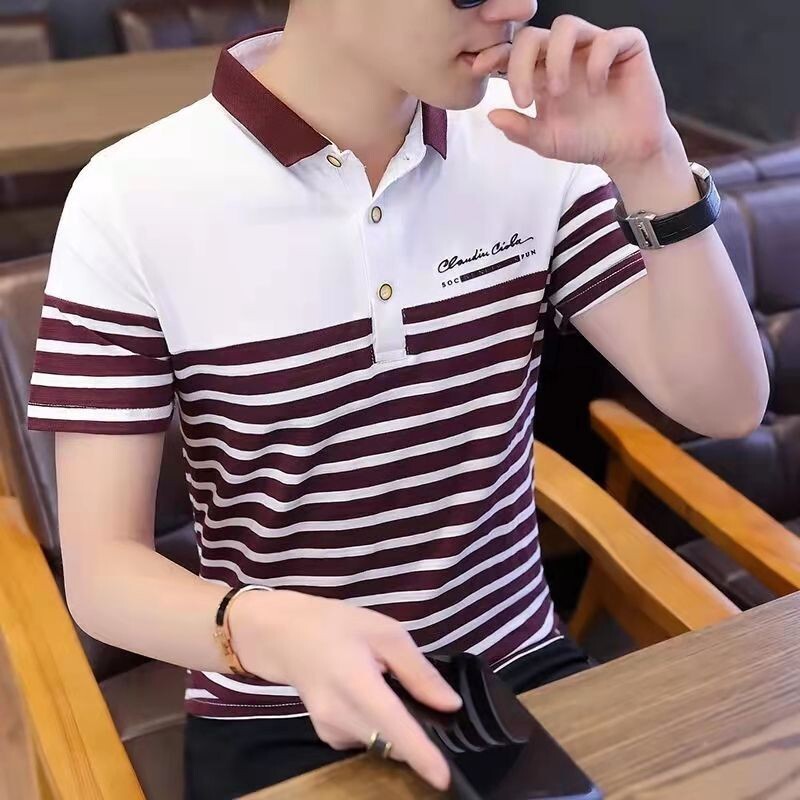 修身條紋POLO衫男|大碼45-90公斤男裝上衣|夏季短袖上衣|帥氣翻領polo衫|青年潮流打底衫|韓版上衣|條紋短袖衫