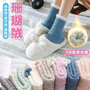 珊瑚絨襪子秋冬季加絨加厚地板襪中筒月子長筒襪睡眠襪保暖防凍腳