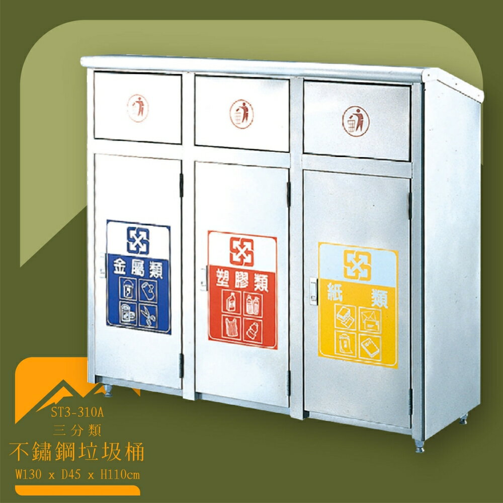 【臺灣製造】ST3-310A 不鏽鋼三分類桶 推板式 附不鏽鋼內桶 垃圾桶 不鏽鋼垃圾桶 回收桶