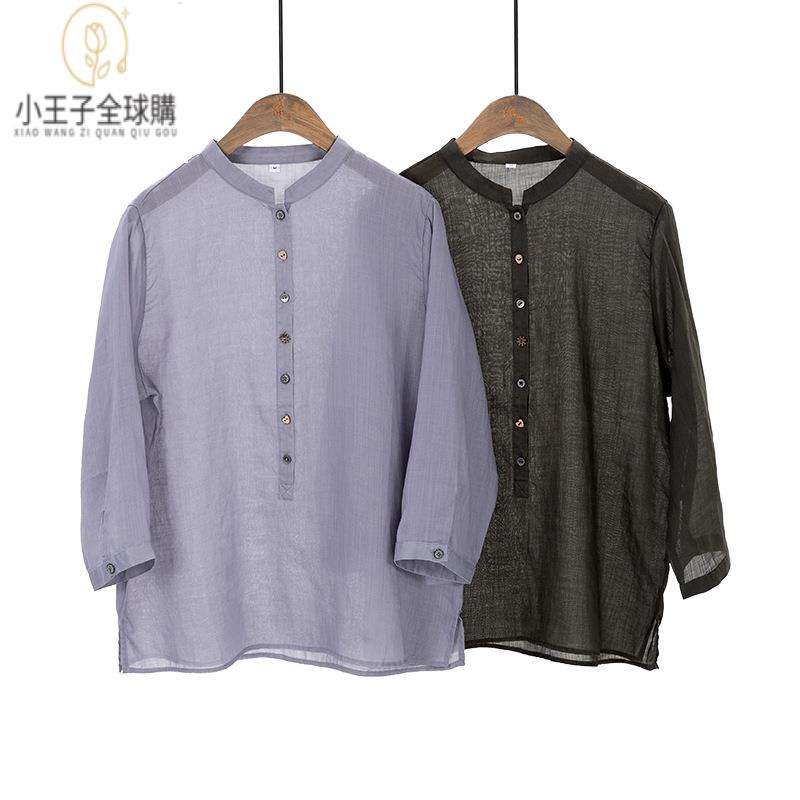【公司現貨速發】免運 開發票 小王子女裝春夏薄款薴麻襯衫女中式立領寬松細支亞麻小衫手工釘扣女裝上衣 流行女裝 棉麻 早秋 日韓女裝