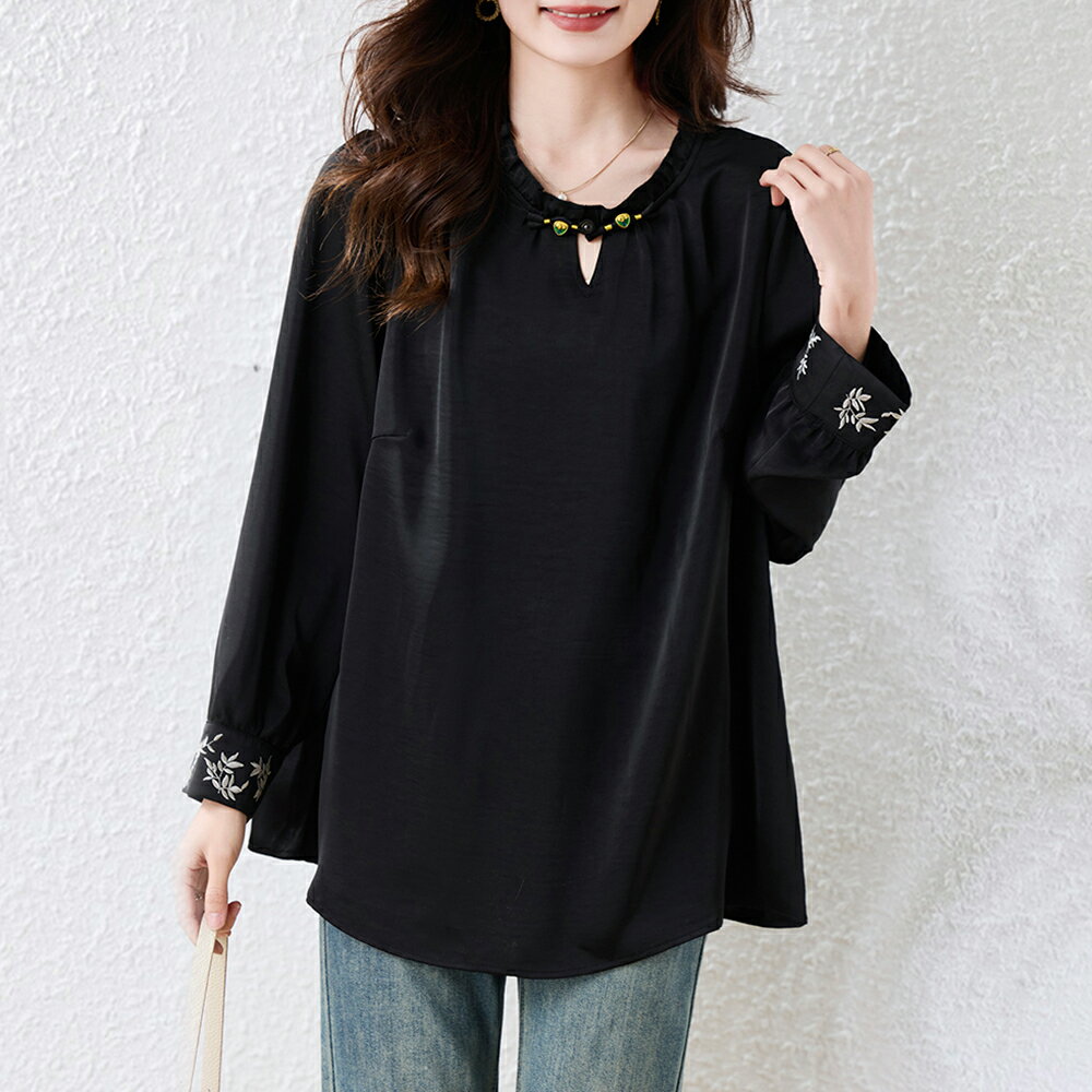 ＊ORead＊刺繡盤扣上衣(黑色L~5XL)【限定加碼✿全館滿額再折】