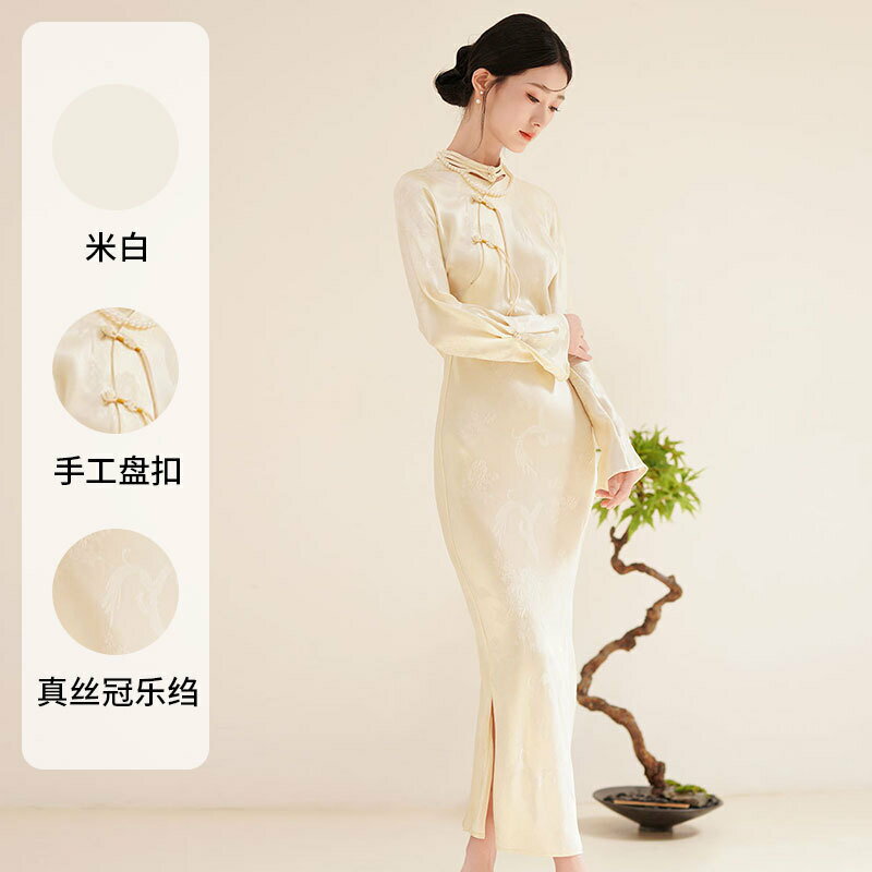 國風改良旗袍連衣裙2025春季新款女裝真絲修身顯瘦氣質45度斜裁女
