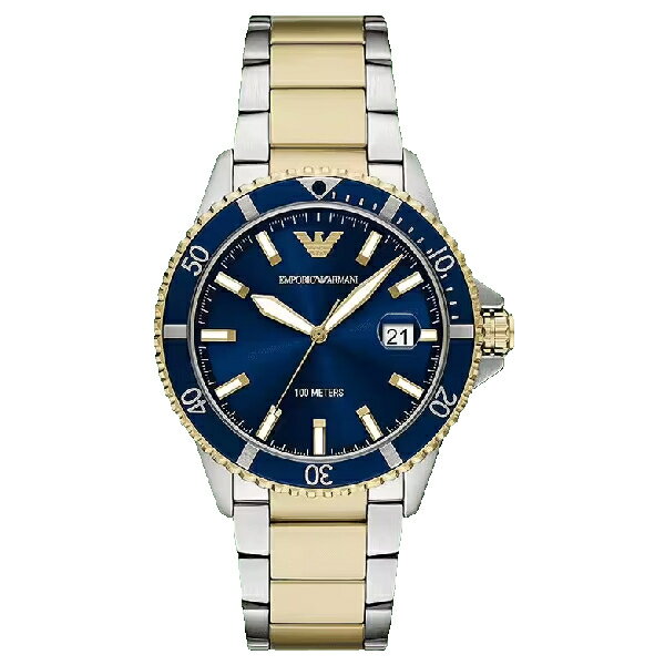 EMPORIO ARMANI 亞曼尼 AR11682 潛水造型時尚錶 金色x銀色錶帶  42mm｜樂天全館特惠中★指定刷卡回饋10%