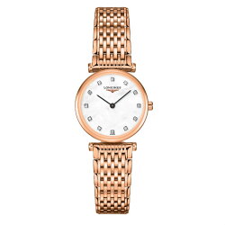 LONGINES L42091978玫瑰金嘉嵐石英超薄真鑽腕錶/白貝面24mm
