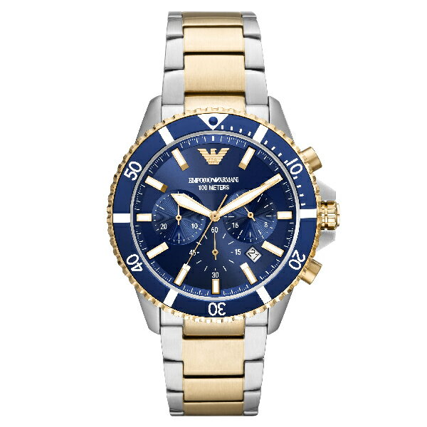 EMPORIO ARMANI 亞曼尼 AR11362 潛水造型三眼時尚錶  金色x銀色 43mm｜樂天全館特惠中★指定刷卡回饋10%