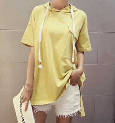 FINDSENSE MD 韓國時尚 女 寬鬆 中長款 連帽純色大口袋 上衣 T恤 短袖T恤 連帽T恤