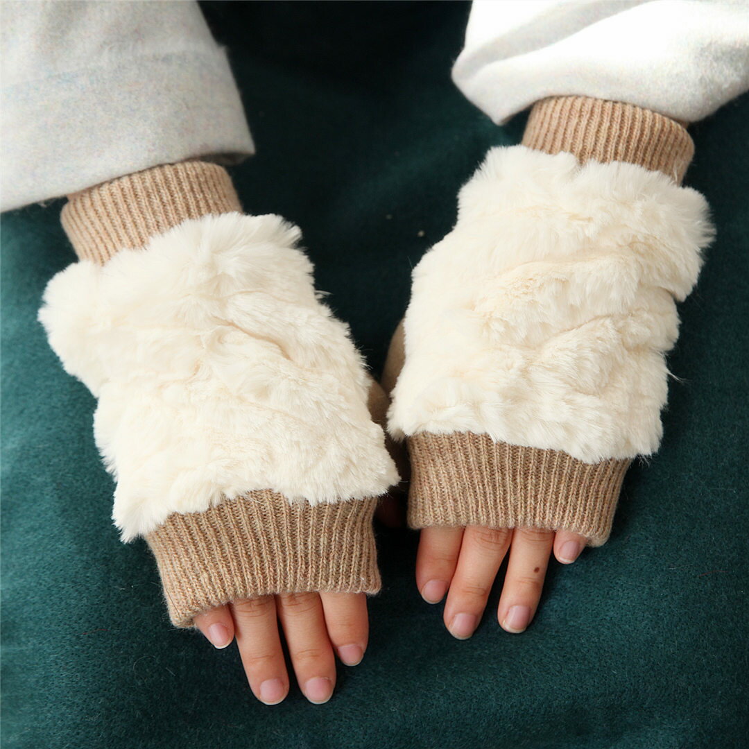 沛錦冬天新款羊毛手套女 加絨內膽保暖毛面純色冬季針織半指手套1入