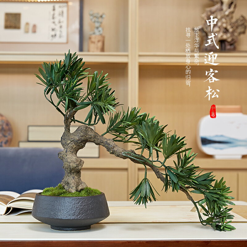 室內迎客松盆景擺件新中式客廳玄關模擬綠植裝飾品電視櫃植物盆栽