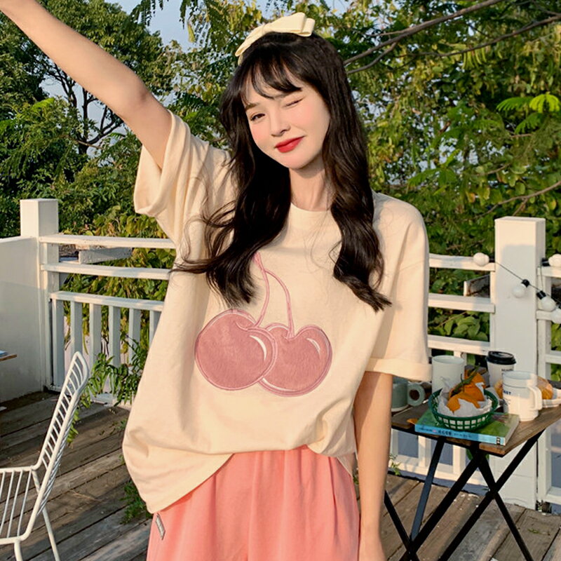 杏色櫻桃短袖T恤女裝夏季 寬松韓版爆款上衣服學生【淘夢屋】