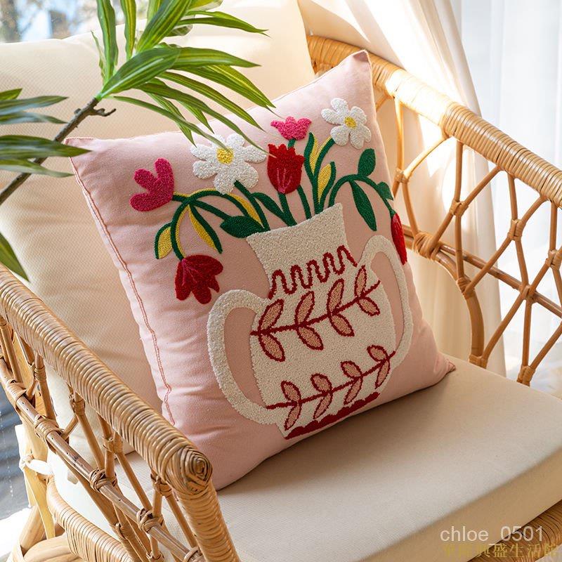 花卉刺繡抱枕套不含芯正方形北歐風純棉靠墊床頭客廳沙發抱枕
