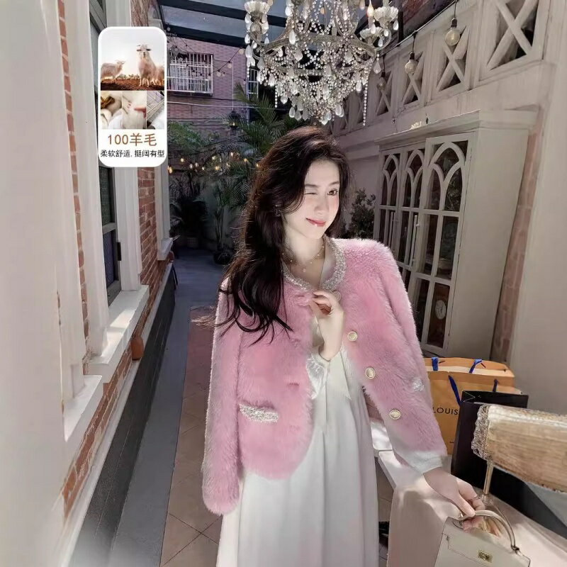 皮草外套羊毛大衣-一體寬鬆圓領上衣女外套2色74iq12【米蘭精品】【獨家進口】