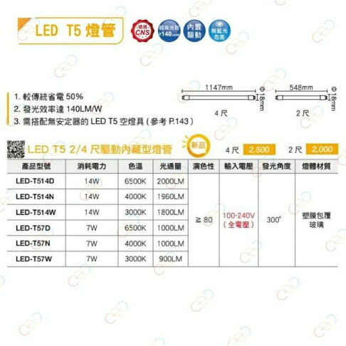 舞光 LED T5 燈管 2呎 4呎 安定器內藏型 輕鋼架燈管 山形燈燈管 不需安定器 (A Light) 2