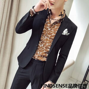FINDSENSE品牌 四季款 新款 日本 男 高端 黑色 一粒扣 商務 時尚 西裝外套 西裝褲 兩件套 潮流西服套裝