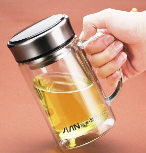 富光玻璃杯 雙層帶把手辦公茶杯便攜帶蓋過濾水杯泡茶杯子大容量