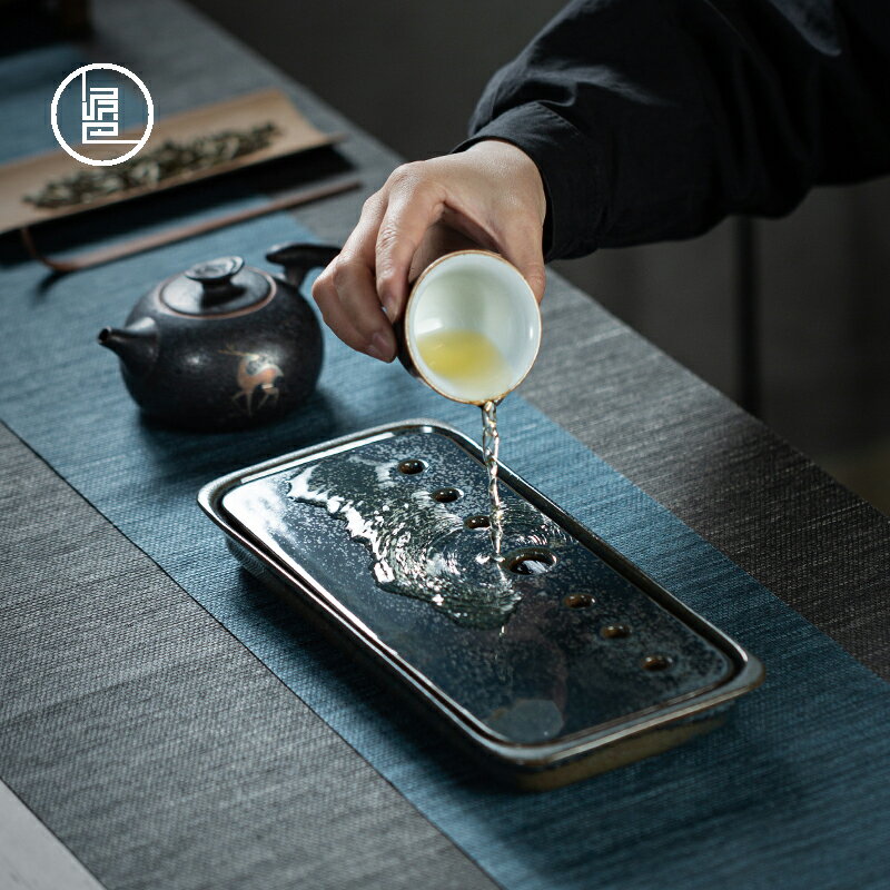泥巴人 陶瓷茶具茶盤日式小號家用長方形雙層蓄水儲水式干泡茶盤