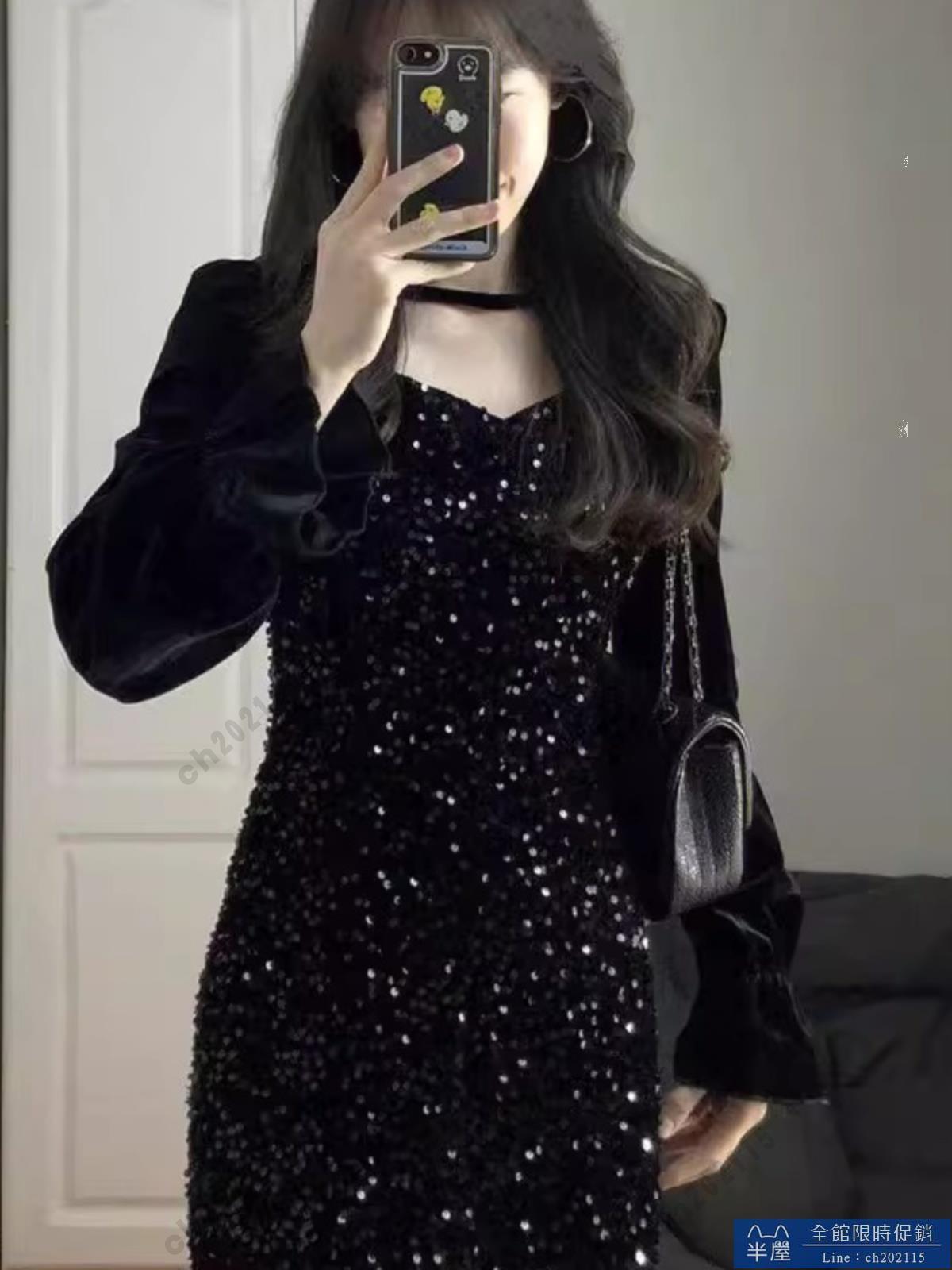 尾牙禮服 洋裝 法式黑色亮片絲絨魚尾連衣裙女秋冬高階感輕奢氣質生日派對禮服裙交換禮物 三木優選