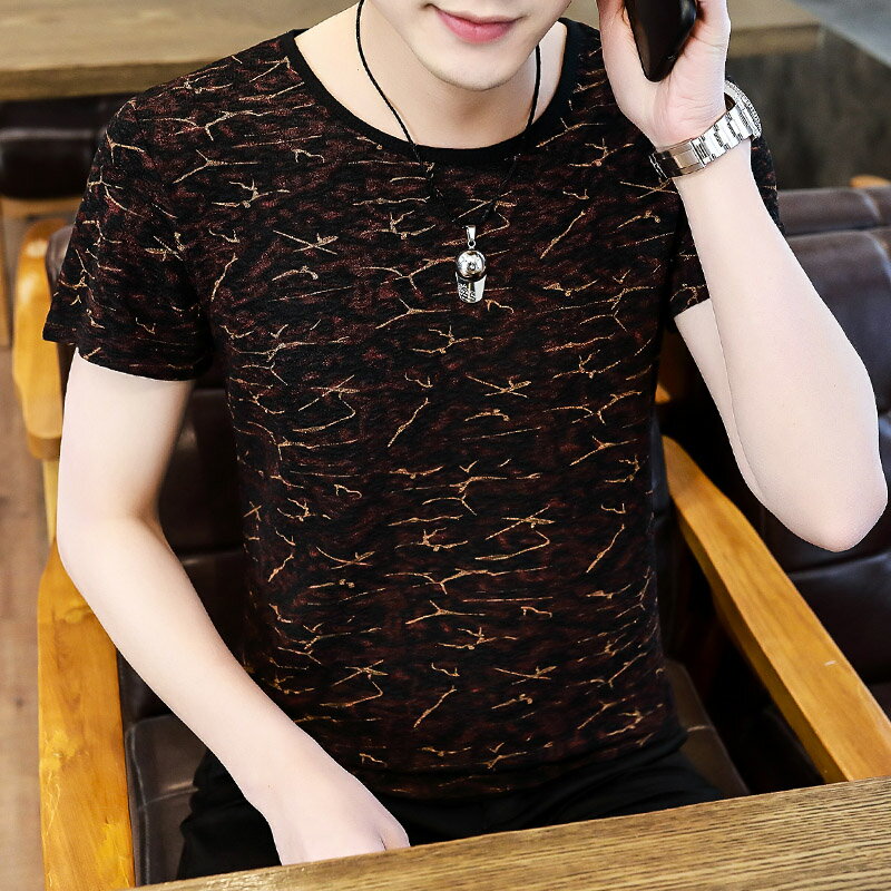短袖t恤夏天潮流半袖印花冰絲體恤圓領寬松大碼打底衫上衣男士T恤 1
