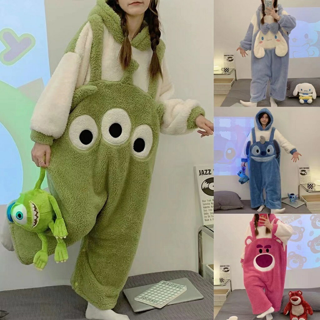 睡衣 加絨 卡通草莓熊睡衣冬季刷毛加厚女連身睡衣秋冬款珊瑚絨外穿家居服