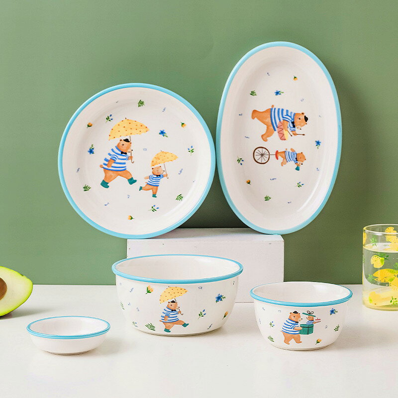 日式碗盤碗碟套裝家用卡通陶瓷飯碗泡面碗帶蓋網紅一人食兒童餐具