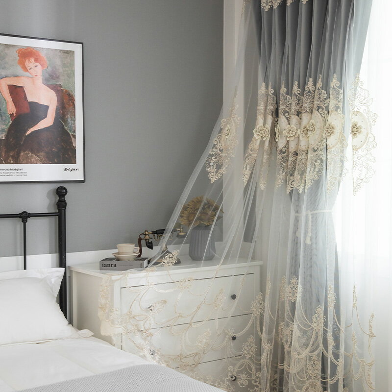 簡約歐式雙層高檔布紗一體浮雕刺繡繡花窗簾絨布臥室客廳奢華大氣