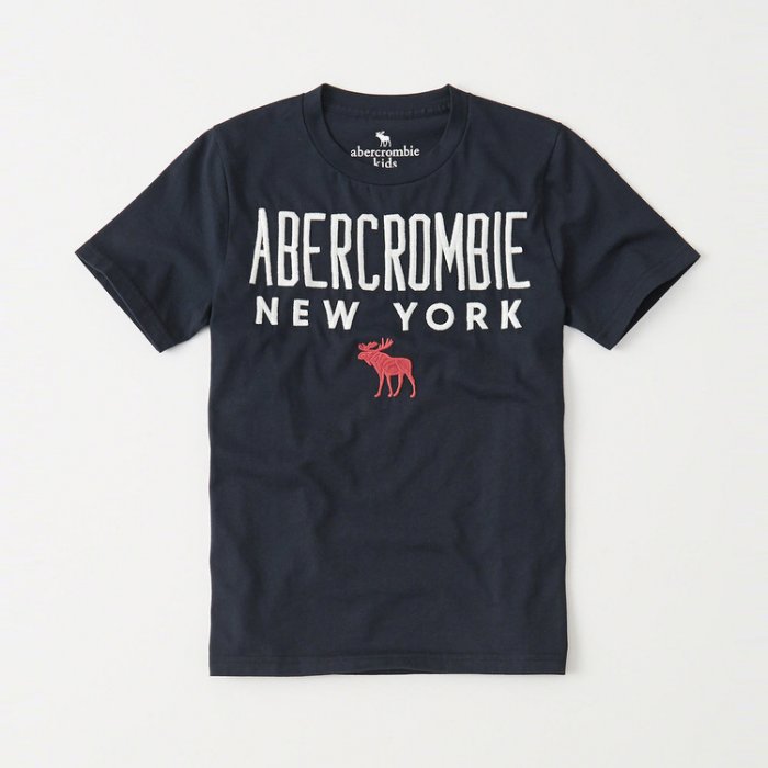 美國百分百【Abercrombie & Fitch】T恤 AF 短袖 麋鹿 kids 女 男 深藍 XS號美國青年版 H792
