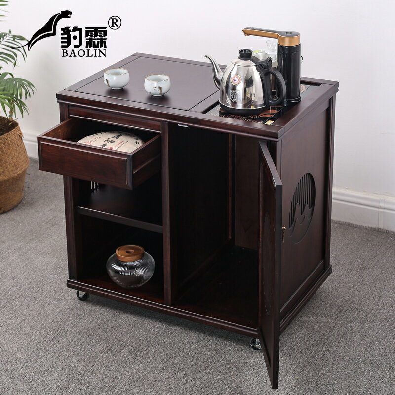新中式茶柜移動燒水茶臺家用茶水桶架茶杯茶具收納架竹茶架茶水柜