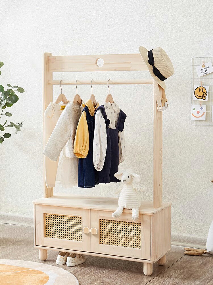 實木衣帽架落地兒童小戶型簡易衣柜家用多功能臥室房間柜子衣櫥