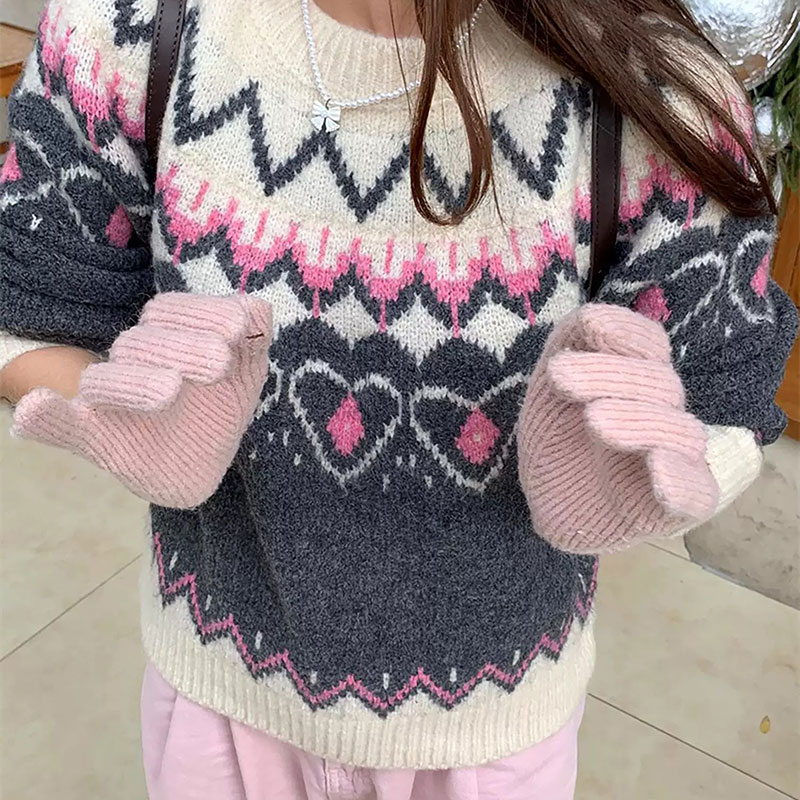 ANNAS 粉色聖誕毛衣 復古編織圖騰針織衫 愛心花紋可愛慵懶少女風 1