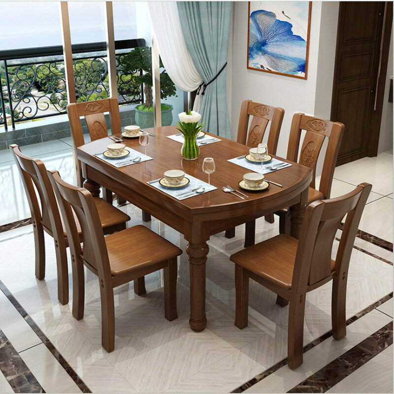 餐桌 實木餐桌椅組合可伸縮方圓兩用折疊葫蘆腳餐桌中式仿古飯桌家具