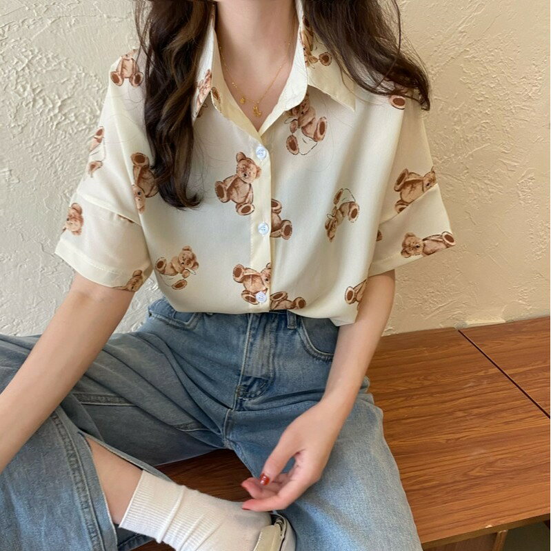 夏季新款小眾設計感可愛小熊印花寬松百搭滑肩短袖襯衫女上衣