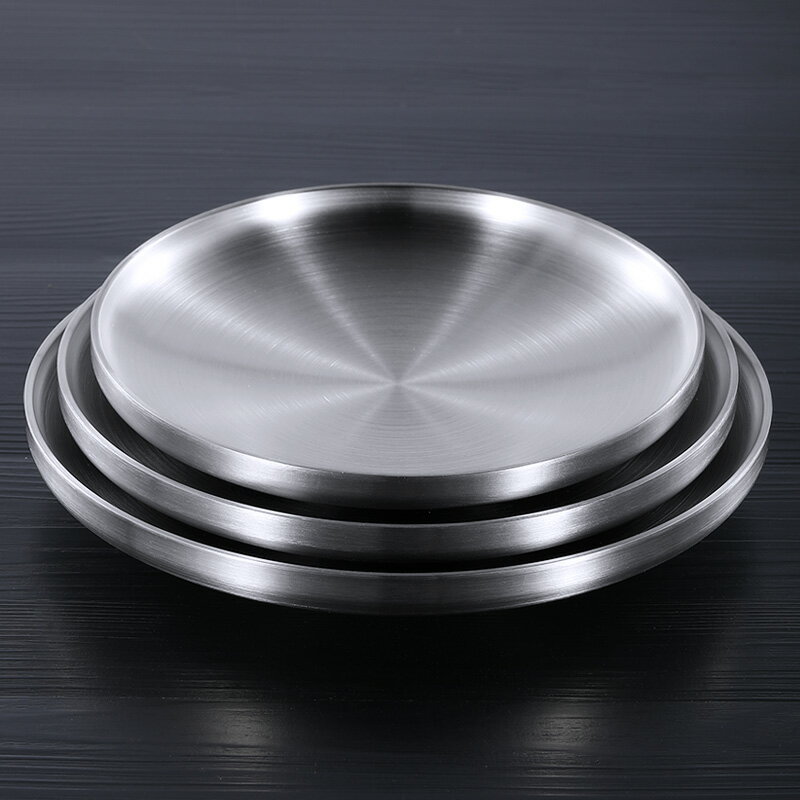 304不銹鋼盤子圓盤裝菜盤家用碟子圓形牛排盤西餐盤水果平盤淺盤
