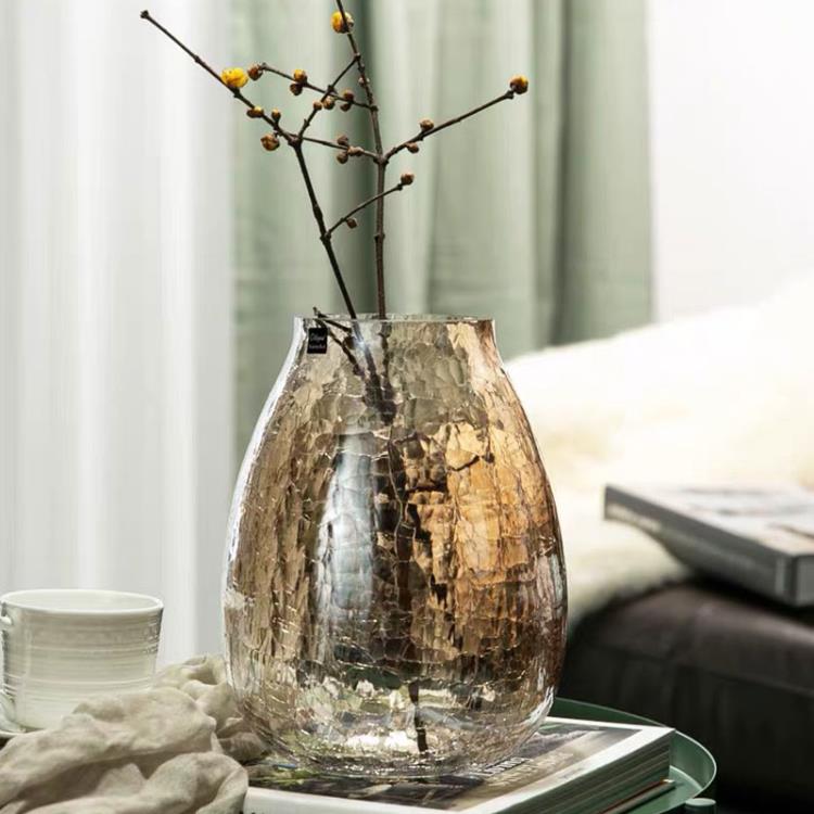 特大號 輕奢琉光冰花玻璃花瓶透明花器 美式家居裝飾插花花瓶擺件
