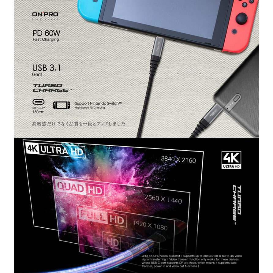 ONPRO Switch PD 60W 快充線 支援 Type-C to Type-C 傳輸線 充電線 150cm 6