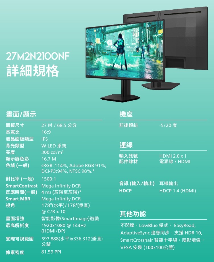 PHILIPS 飛利浦 27M2N2100NF 27吋 螢幕 IPS 144Hz 電腦螢幕 9