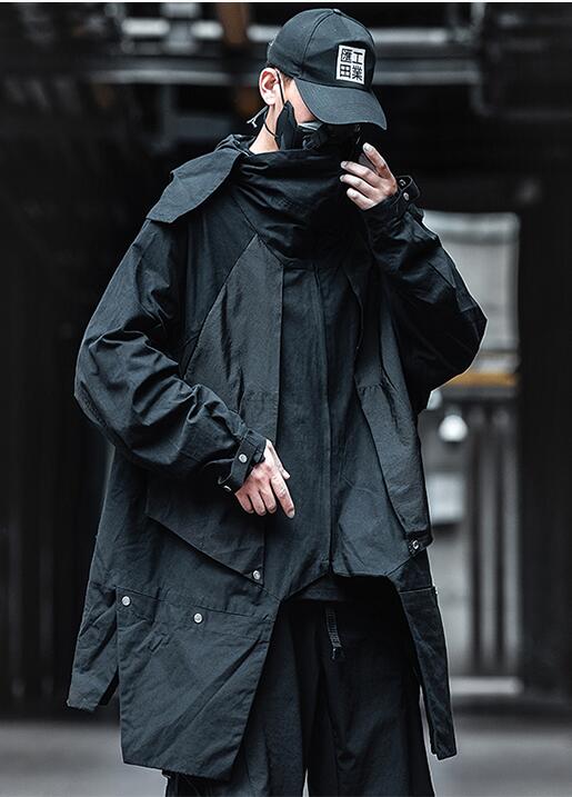 FINDSENSE X 男士暗黑機能風中長款披肩寬松外套風衣外套