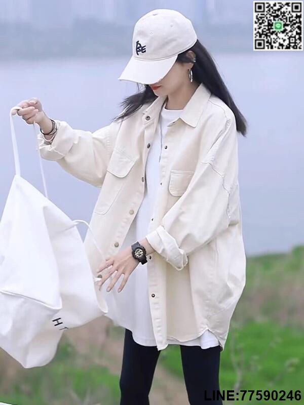 【歡樂購】米白色牛仔襯衫外套女2024春秋polo領襯衣防曬開衫寬松中長款上衣
