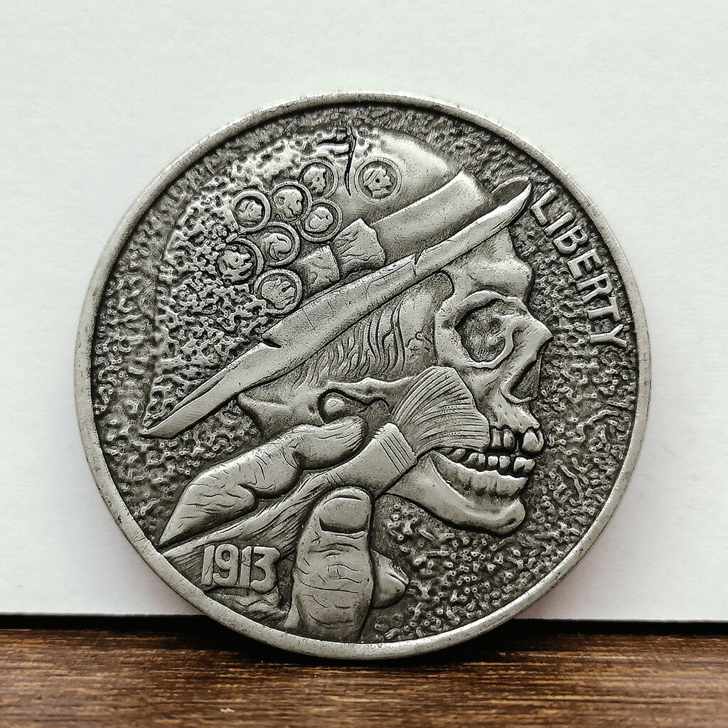 1913骷髏深雕流浪幣 手持筆刷流浪漢硬幣藝術雕刻仿古銀元把玩