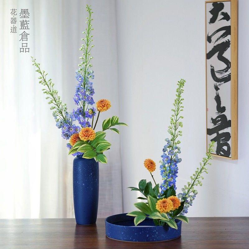 花器 花盆 花瓶 藍陶瓷圓盤花器大 禪意日式插花器皿 客廳桌面花瓶擺件投入瓶86S 快速出貨
