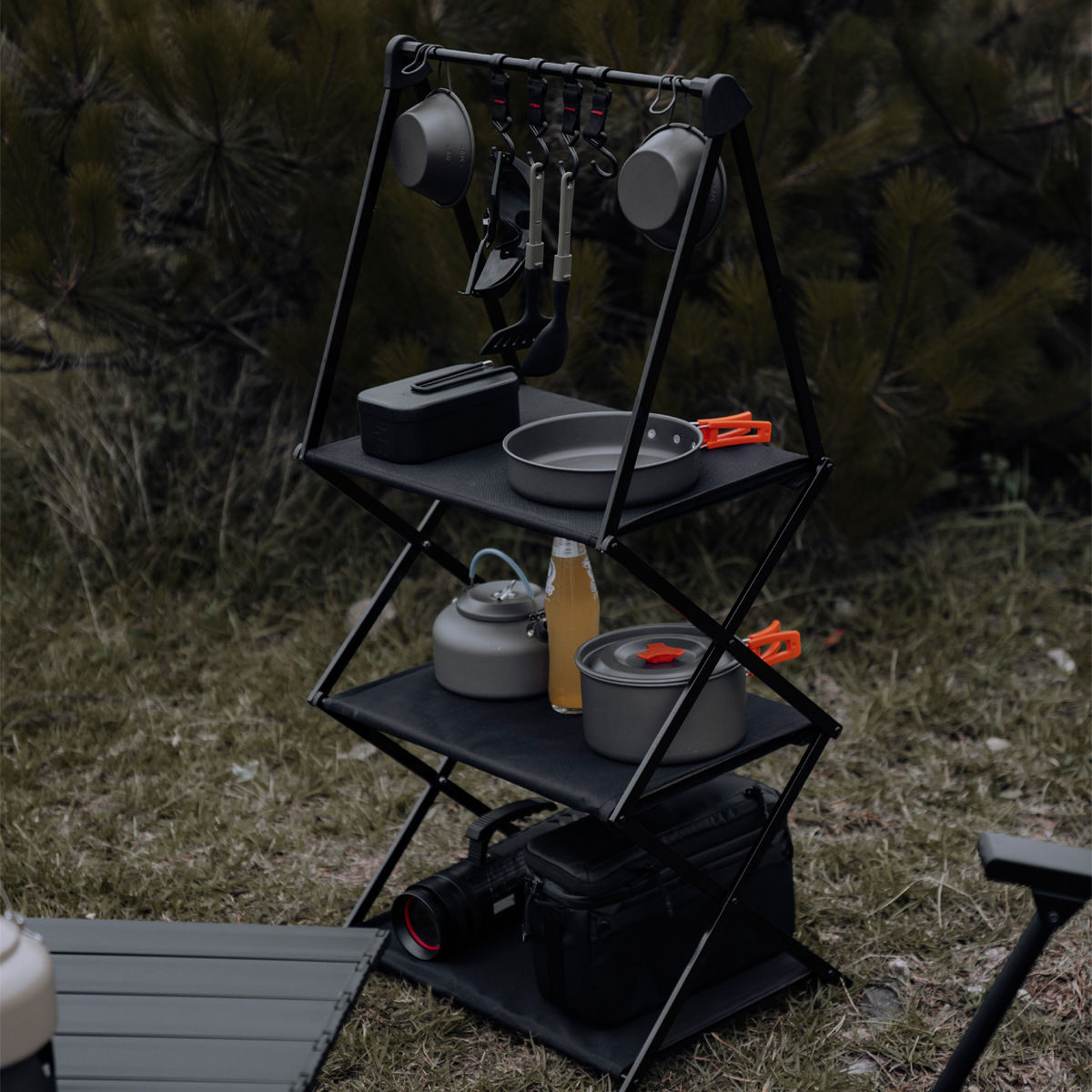 露營置物架 戶外三層收納架便攜儲物鋁合金桌黑色野營裝備折疊多層置物架露營