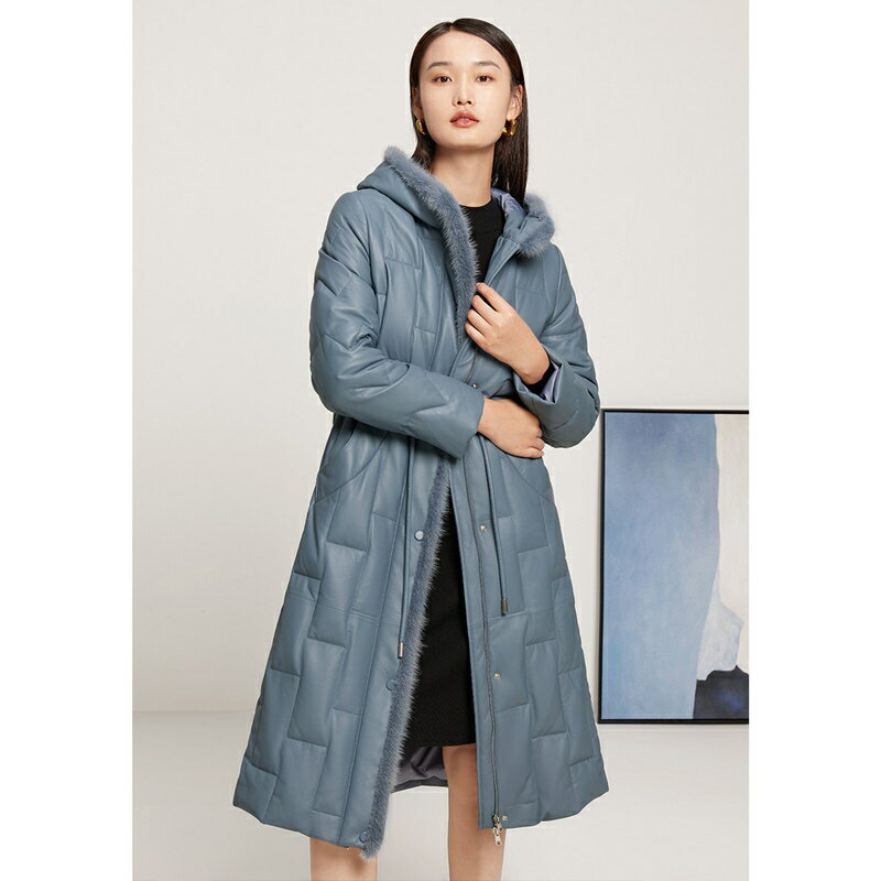 【巴黎精品】真皮皮衣羊皮外套-水貂毛連帽長款綿羊皮羽絨女外套2色a1dt46