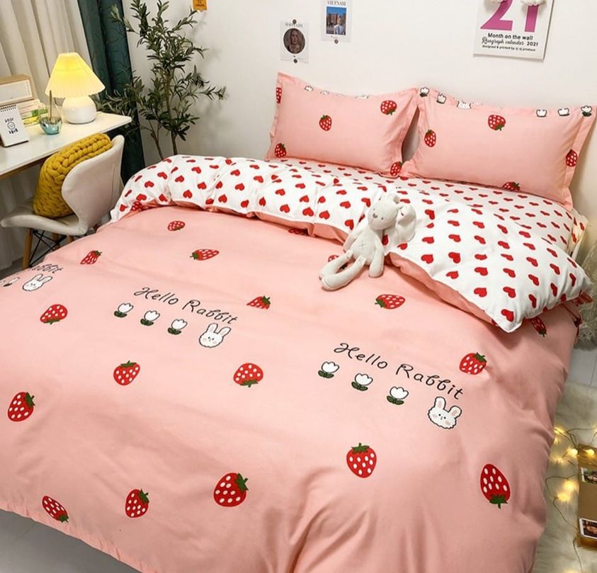 愛心草莓單人 水洗棉布床包被套組合